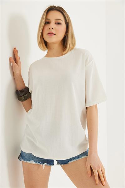 Bisiklet Yaka  Kısa Kol Basic Tshirt Beyaz
