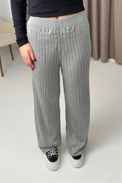 Kadın Triko Simli Salaş Esnek Pantalon Gri