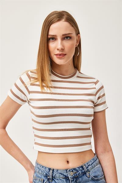 Çizgili Bisiklet Yaka Crop Bluz Kahverengi