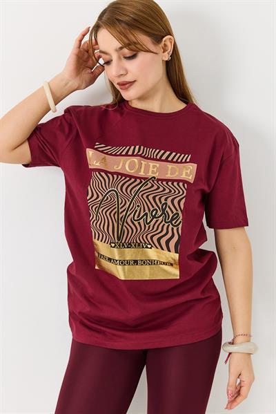 Kadın Parlak Yazılı Baskılı Tshirt Bordo
