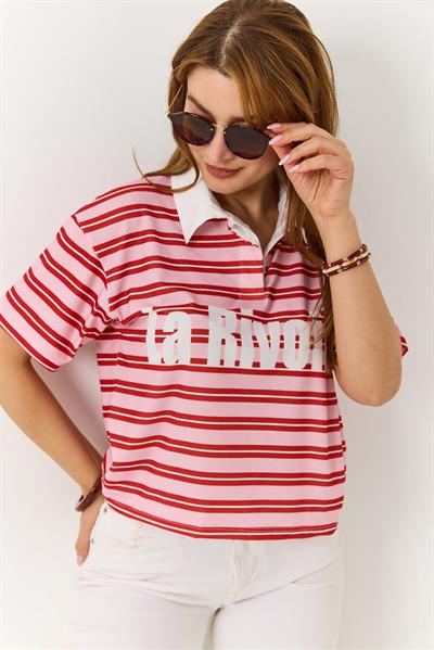 Polo Yaka Çizgili Baskılı Kısa Kollu Tshirt 