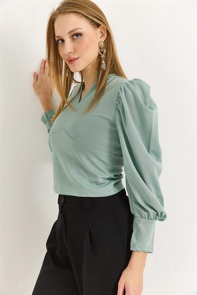 Kadın Hakim Yaka Prenses Kol Örme Bluz Su Yeşili