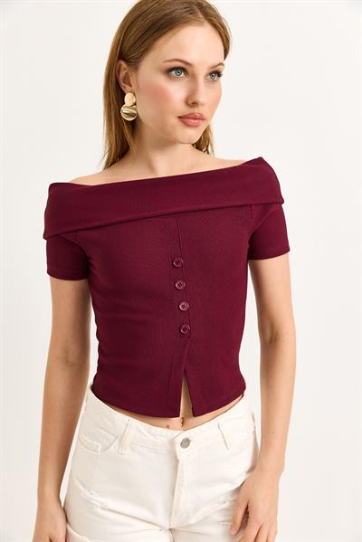 Kayık Yaka Düğme Detaylı Fitilli Örme Bluz Bordo