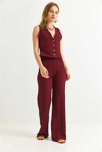 Crop Yelek Pantolon İkili Takım Bordo