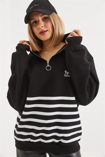  İçi Şardonlu Baskılı Fermuarlı Sweatshirt  Siyah
