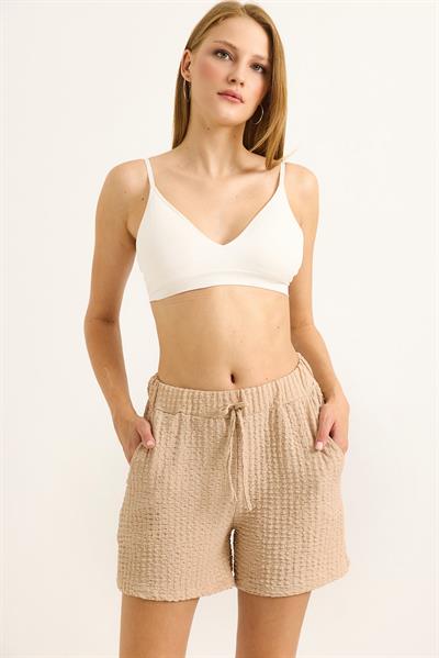 Gofre Kumaş Bel Lastikli Kadın Şort Vizon