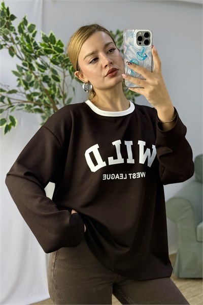 Kadın Yazı Baskılı Bisiklet Yaka Uzun Kollu Tshirt Kahverengi