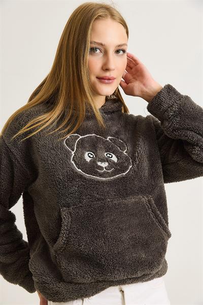 Kadın Kapüşonlu Nakış İşlemeli Peluş Sweatshirt  Füme