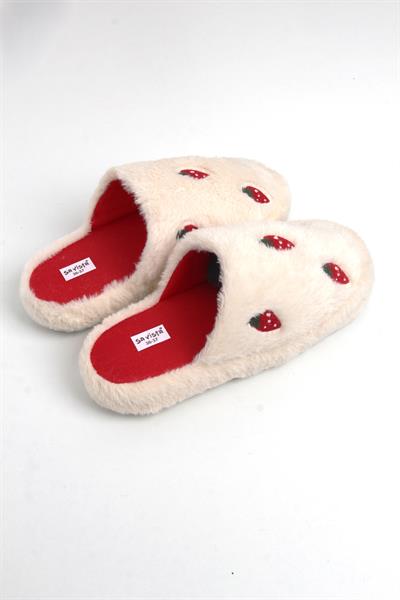 Kadın Sessiz Taban Çilek Motifli Ev Terliği