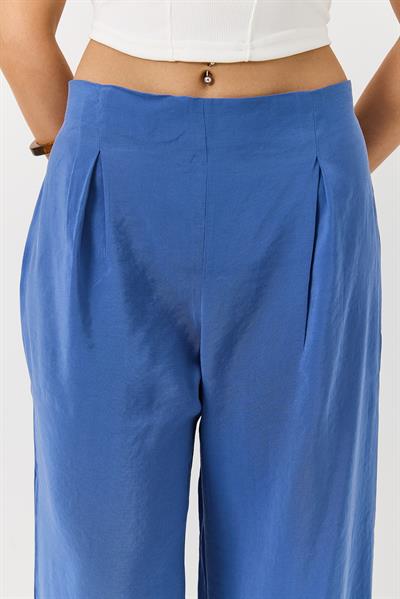 Kadın Beli Lastikli Yandan Fermuarlı Salaş Kesim Mevsimlik Pantolon Mavi