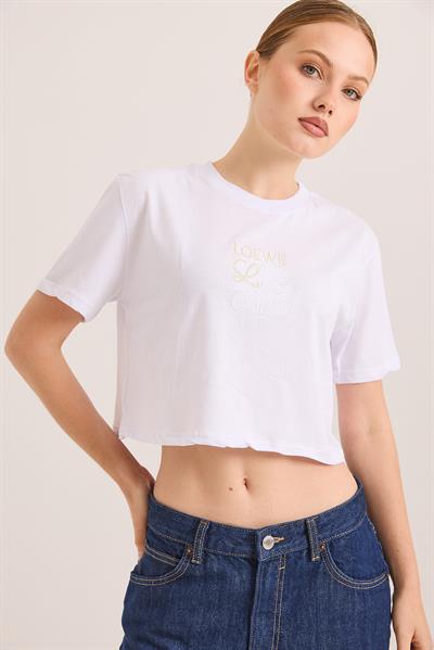Nakışlı Örme Pamuk Crop Tshirt Beyaz
