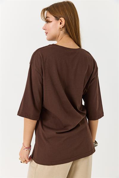 Kadın Kalp Baskılı Bisiklet Yaka Tshirt Kahverengi