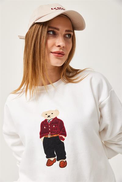 Oversize Nakışlı Sweatshirt Beyaz
