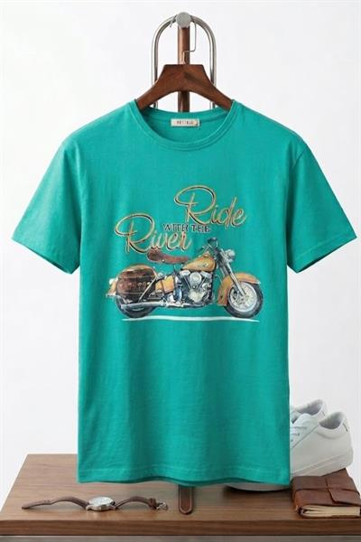 Kadın Bisiklet Yaka Motor Baskılı Tshirt Yeşil