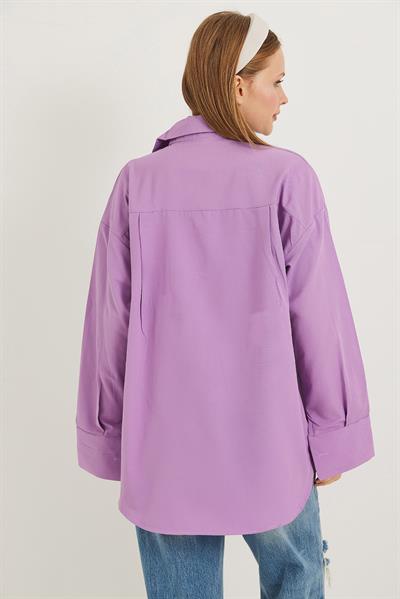 Kalp Nakışlı  Oversize Basic Gömlek Lila