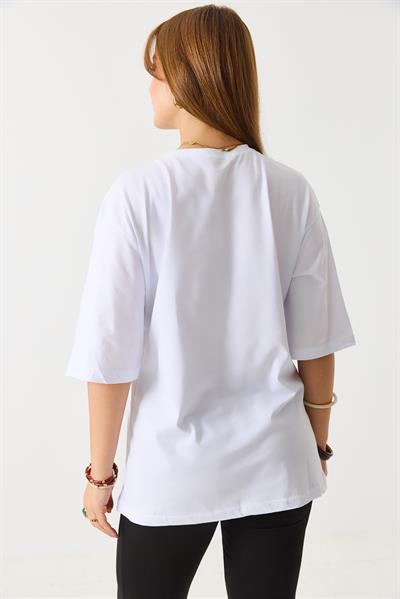 Kadın Bol Kesim Bisiklet Yaka Kısa Kol Tshirt Beyaz