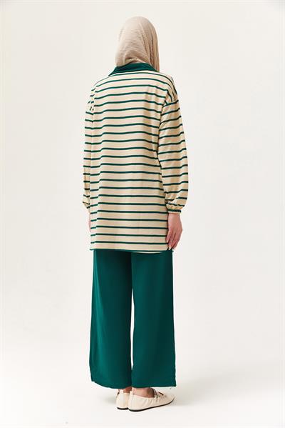 Fermuarlı Çizgili Gömlek Yaka Takım Yeşil