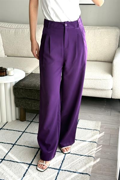 Yüksek Bel Bol Paça Pantalon Mor