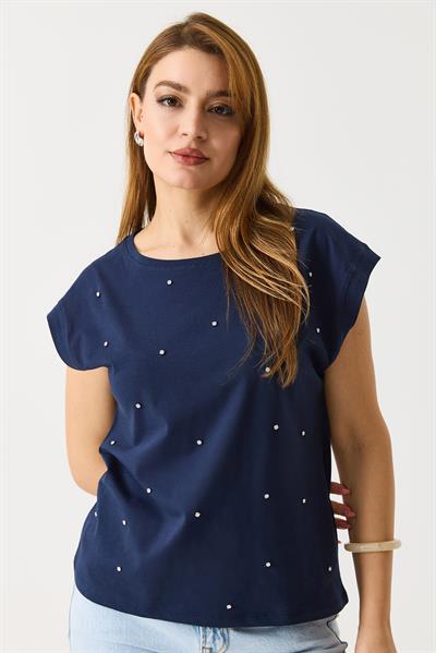 Kadın Taş Detaylı Şık Tshirt Lacivert
