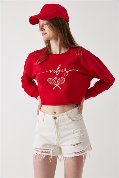 Kadın İki iplik Crop Sweatshirt Kırmızı