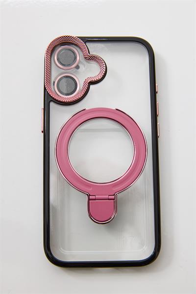 İphone 16 Uyumlu Magsafe Dönebilen Halkalı Kılıf Lens Korumalı Pembe