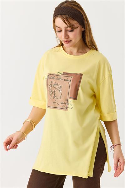 Kadın Figürlü Baskılı Bisiklet Yaka Tshirt Sarı