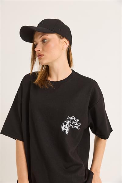 Baskılı Oversize İki İplik Tshirt Siyah