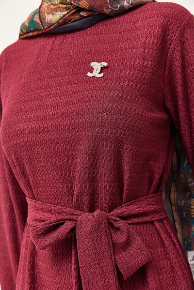 Kuşaklı Kat Keten Elbise Bordo