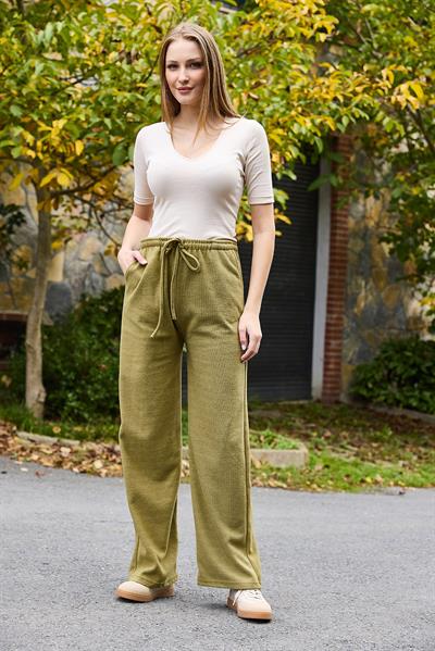 Kadın Selanik Yüksel Bel Esnek ve Dökümlü Triko Pantalon Yeşil