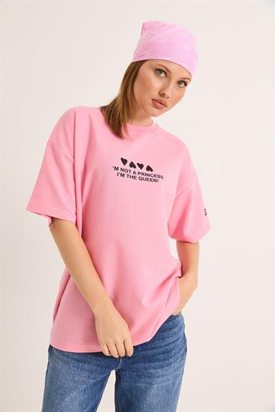 Bisiklet Yaka Baskılı Oversize Tshirt Pembe