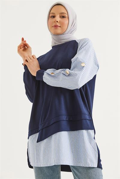 Kolu Ve Eteği Gömlek Garnili Tunik  Lacivert