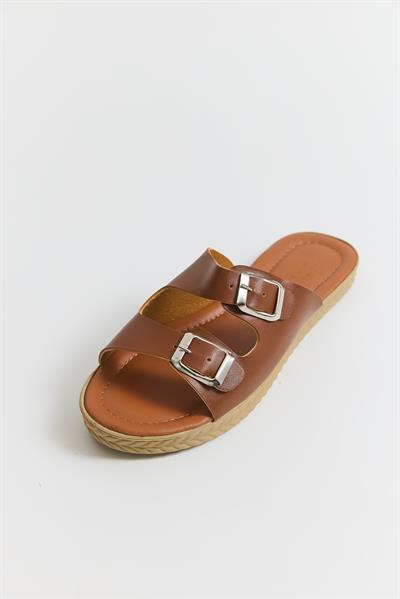 Çift Tokalı Yumuşak Taban Kadın Terlik Taba