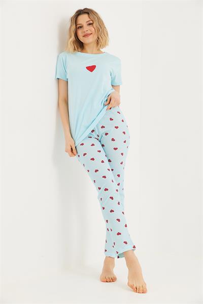 Baskılı Kısa Kol Pijama Takım Mavi