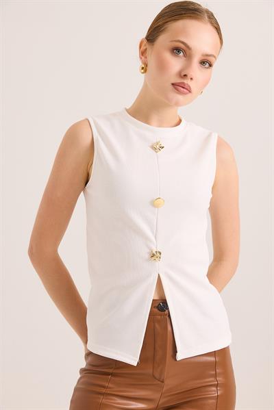 Bisiklet Yaka Gold Düğmeli Ottoman Fitilli Bluz Beyaz
