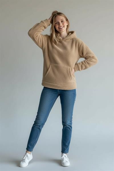 Kadın Kapüşonlu Welsoft Uzun Kollu Vizon Sweatshirt