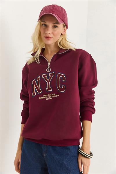 Nyc Nakışlı Fermuar Detaylı Dik Yaka Oversize Sweatshirt Bordo
