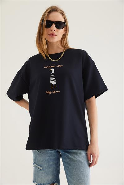 Bisiklet Yaka Oversize Baskılı Tshirt Lacivert