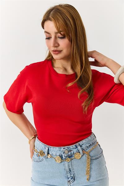 Kadın Bisiklet Yaka Basic Omuzları Geniş Tam Kalıp Tshirt Kırmızı