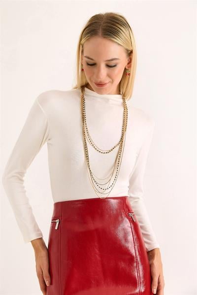 Vücuda Oturan Uzun Kollu Dik Yaka Fitilli Esnek Örme Bluz Beyaz