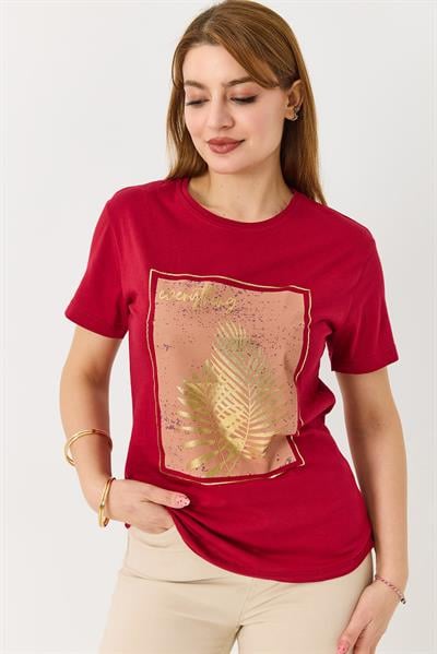 Kadın Palmiye Parlak Baskılı Tshirt Bordo