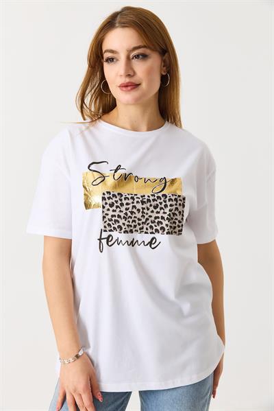 Kadın Bisiklet Yaka Baskılı Kısa Kol Tshirt Beyaz