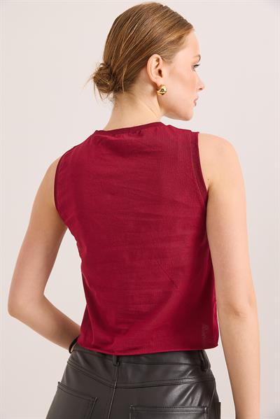 Sıfır Kol Yuvarlak Yaka Havalı Crop Tshirt Bordo