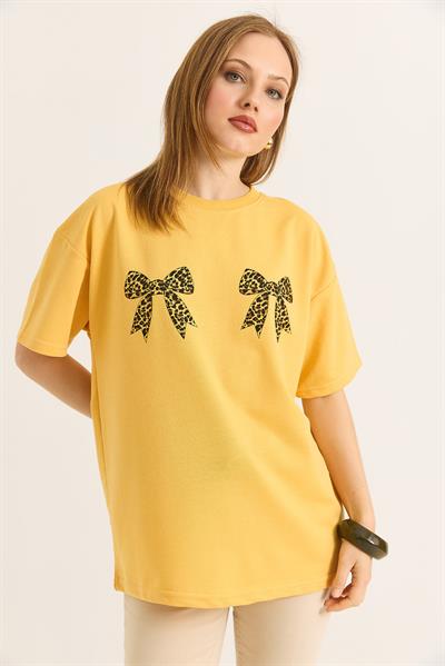 Kurdele Baskı Detaylı Basic TShirt  Sarı