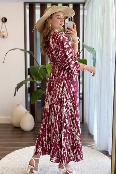 Kruvaze Yaka Beli Büzgülü Önden Yırtmaçlı Desenli Midi Elbise Pembe