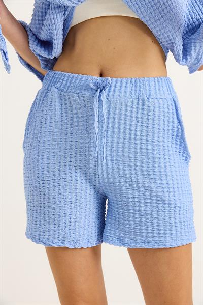 Gofre Kumaş Bel Lastikli Kadın Şort Mavi