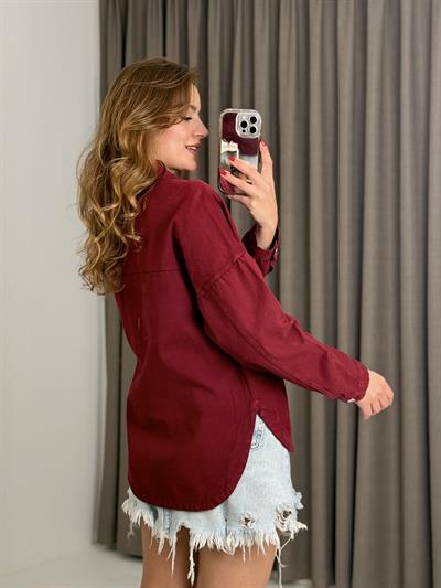 Kadın Çift Cepli Oval Kesim Kot Gömlek Ceket Bordo