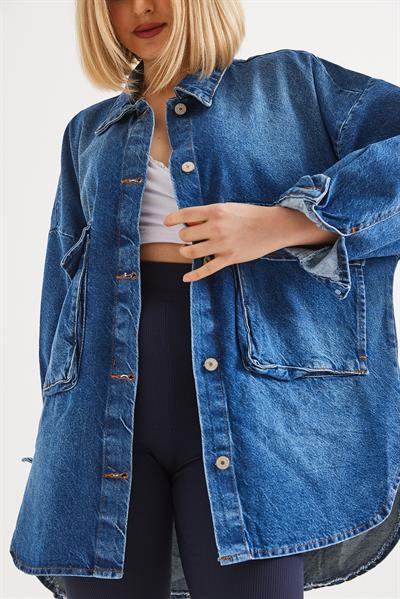 Çift Cepli  Oversize Kot Ceket Mavi