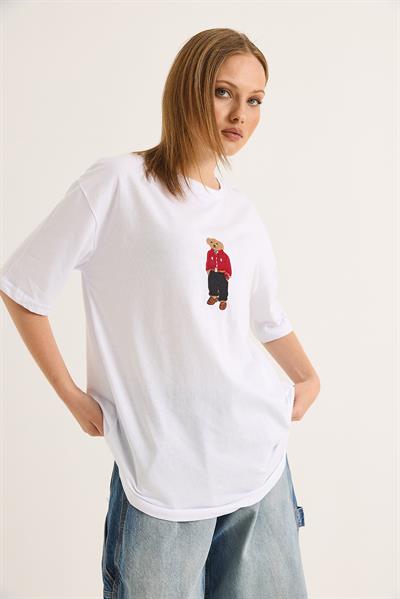 Ayıcık Nakışlı Rahat Kalıplı Tshirt Beyaz