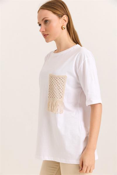 Hasır Cepli Yumuşak Dokulu Fit Tshirt Beyaz