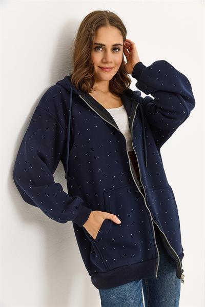 Kadın Taş Detaylı Üç İplik Oversize Kanguru Cep Sweat Hırka